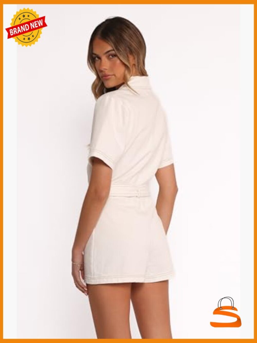 Medium Cotton Romper with V-Neck Wrap Front Short Sleeve - Picture 4 of 4